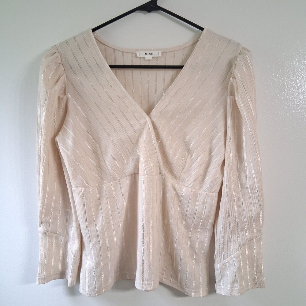 MINE Womens Large Cream Silver Metallic Striped V-Neck Faux Wrap Puff Sleeve Top